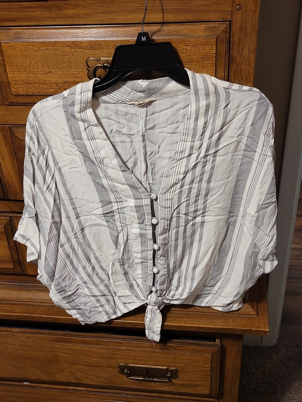 Striped Tie-Front Button Blouse in White and Gray